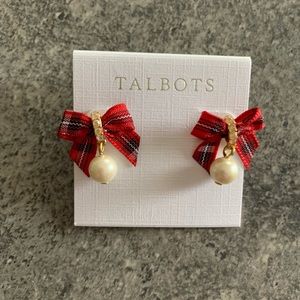 NWT Talbots Beautiful Red Plaid Earring with Faux Pearl For Pierced Ears